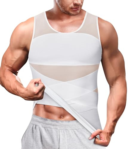 Bingrong Compression Shirt for Men Slimming Body Shaper Tummy Control Vest Shapewear Waist Trainer Vest Workout Tank Tops (L, White)