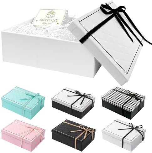 TAIXING 2025 Neu Geschenkbox mit Deckel, 25 x 18 x 8,5 cm, Geschenkbox mit Schleifen, Raffia, Grußkarten, Set für Hochzeit, Geburtstag, Valentinstag, Weihnachten