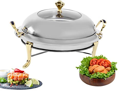 QUIOTUIR Chafing Dish Aparador de acero inoxidable redondo con asas y marco de combustible, calentador plano para hoteles, buffets, restaurantes, reuniones familiares, dormitorios, banquetes, bodas