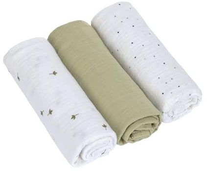 LÄSSIG Puck manta de bebé pañales muselina set de 3 piezas algodón 85 x 85 cm/Swaddle & Burp Blanket L Leave olive
