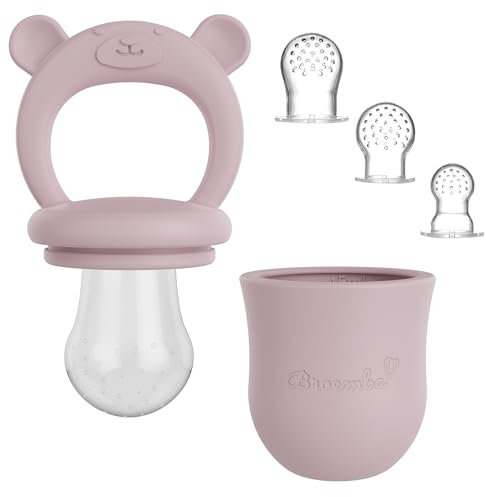 Baby Fruchtsauger & 3 Schnuller - Rosa 100% Silikon Nahrungsschnuller mit Beißring, Fruchtschnuller für Obst, Gemüse & Babynahrung, BPA-frei - Broemba®