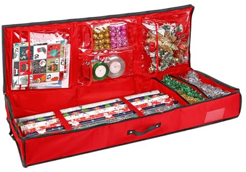 Vinsani Large Christmas Wrapper Gift Storage Bag Flexible Compartments – Xmas Fabric Organiser Waterproof for Wrapping Paper Rolls, Gift Tags Bows Accessories – Durable Storage Solution (103x36x13cm)