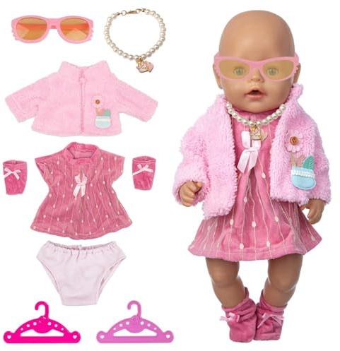 HTTDSLF 8 Pièces Vêtement de Poupée, Poupée Habit Tenue Poupée de 14-18 Pouces 35-45 cm vêtements de poupée, Manteau Robe Chaussettes Collier Lunettes sous-vêtements avec 2 Cintre pour poupée, Rose