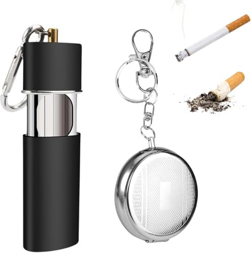 Zhenghebuy Portable Pocket Ashtray,2 Pcs Mini Outdoor Travelling Ashtray with Keychain for Camping,Travel,Car(Black,Silver)