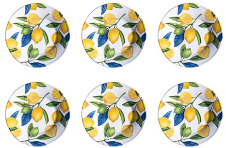 Abode Homewares Lemon Orchard 8.5'' Durable NewWave Melamine Salad Plates, Premium Microwave- and Dishwasher-Safe Indoor/Outdoor Dinnerware for Appetizers, Desserts, Side Dishes - Yellow - Set of 6