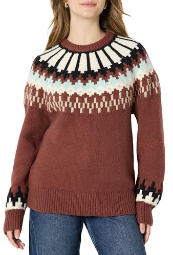 Amazon Essentials Jersey con Cuello Redondo de Tejido Fair Isle de Corte Extragrande Mujer, Marrón Oscuro Menta Verde Chevrón, L