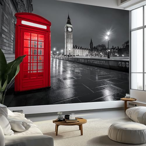 Light Gray Photo Wallpaper Wall Mural Poster, Surrealism London Telephone Booth 3D Panoramic Custom Photo Wallpaper 138 x 101 inch (W x H) - for Living Room Bedroom Decoration