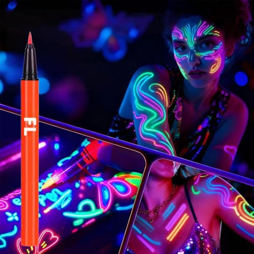 Orange UV Glow Eyeliner Pen & Face Paint – Waterproof Neon Liquid Eyeshadow Tattoo Pen for Kids & Adults – Quick Dry, Smudge-Proof Festival & Parties Makeup Accessories
