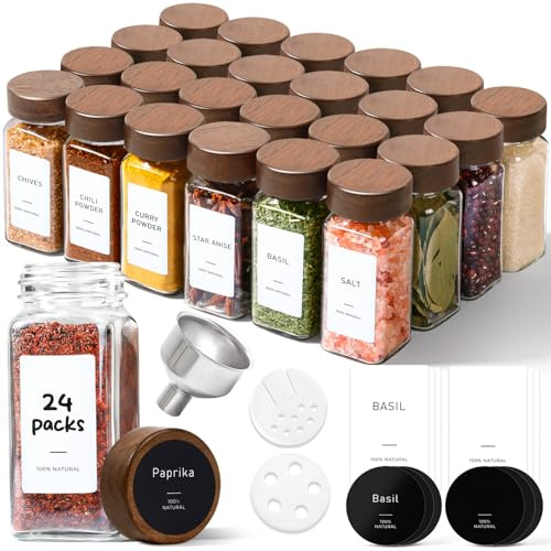 ComSaf 24Pcs (4Oz) Glass Spice Jars with Label, Airtight Seasoning Containers with Lid for Home Cooks to Organizing Herbs, Sugar, Pepper, Salt, Glass Spice Bottles Organize Cabinet & Drawer