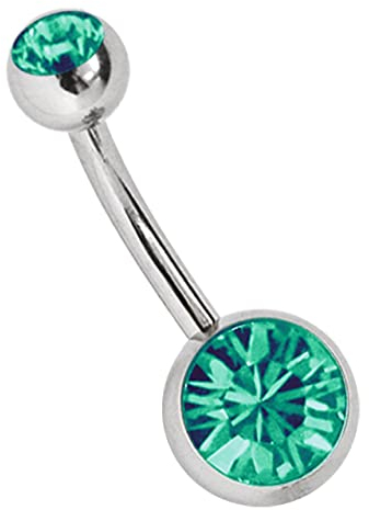 Titan Bauchnabel Piercing 1,6 x 12 mm mit Zirkonias rund in 8 mm + 5 mm Stein Kugel in grün-türkis