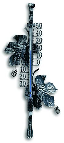 TFA Dostmann Analoges Außenthermometer, 12.5004, aus Schmiedeeisen, 38,5cm hoch, mit handgeschmiedeten Weinblätter, inkl Befestigungsmaterial, altzinn