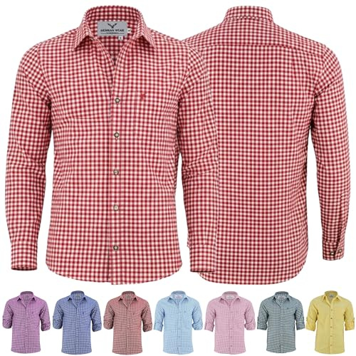 German Wear Camisas para hombre con mangas largas, diseño clásico a cuadros, moda bávara de alta calidad con bordado de ciervo y mangas a cuadros
