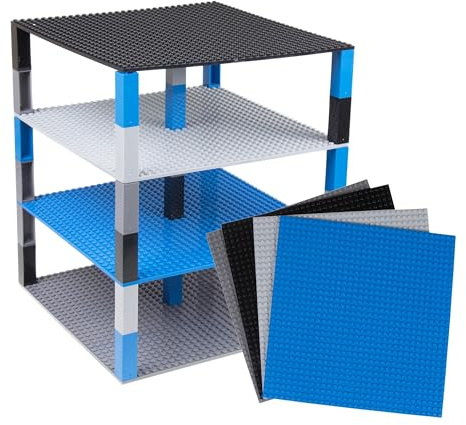 Strictly Briks - set da 4 basi per costruzioni impilabili con 40 pilastri 2x2 - in nero, blu, grigio e antracite - tema spaziale - compatibili con tutte le principali marche - basi da 25,4 x 25,4 cm