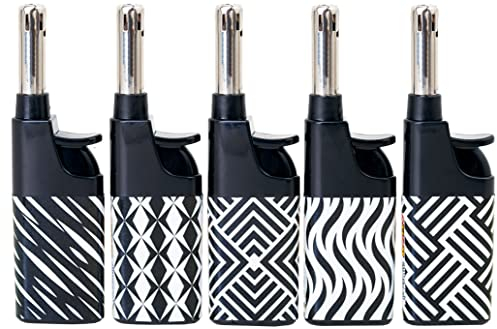 Komfort Feuerzeug 5er Pack – Ergonomisch - Barrierefrei - Seniorengerecht– Nachfüllbare Piezo Gasanzünder mit Leichtbedienung – Black & White – Für Kerzen, Grill & Outdoor
