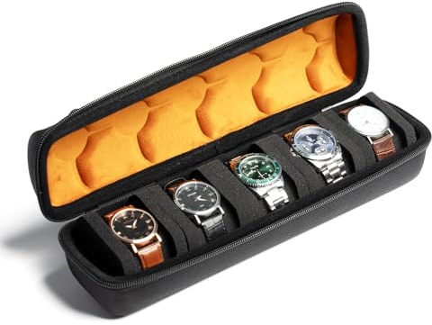 MATGEUT 5 Slots Watch Case for Men - Hard portable Watch Roll Travel Case - Storage Organizer and Display fit large &small watches