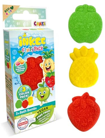 INKEE Mini Pack Fruity, Set Di 3 Pompe Da Bagno Per Bambini Con Forme E Aromi Di Frutta, Fragola, Mela E Ananas, Divertimento Garantito