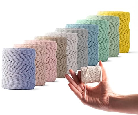 LEDENT Makramee Garn (1mm, 10 x 65M, Set 10 Farben) - Doppelt gedrehtes Seil aus 100% recyceltes Baumwolle - Makramee Garn Satz 10 kleine Rollen mit Pastellfarben