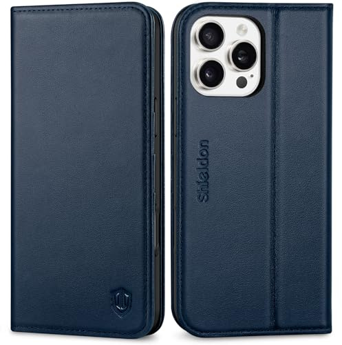 SHIELDON Genuine Leather Case Wallet for iPhone 16 Pro Max 6.9, Navy Blue