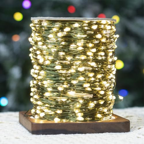 PCORES Ghirlande luminose 30 m 300 LED, con spina, telecomando e timer, filo di rame verde impermeabile, luci scintillanti per Natale (bianco caldo, adattatore incluso) (50M)