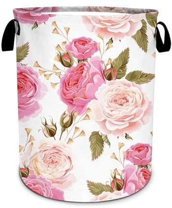 Abstract Pink Rose Laundry Basket, Floral Laundry Hamper Foldable Waterproof Funny Tote Bag Dirty Clothes Storage Bucket Toy Organizer for Bathroom/Laundry/Bedroom 15.7x19.6
