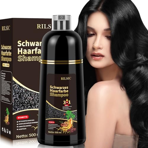 500ML Haarfarbe Schwarz,Natürliche Schwarze Haarfärbeshampoo,Black Hair Dye 3 IN 1 Gegen Graue Haare-Instant Hair Color Shampoo,Haarfärbung,Sofort-Haarfarben-Shampoo für Männer Frauen