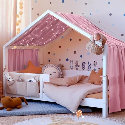 Vicloon Bed Canopy, Children Bed Canopy Nursery Decorations, House Bed Canopy Made of 100% Cotton Muslin Handmade, Decoration for Children's Room, 135 * 360cm, Dark Pink