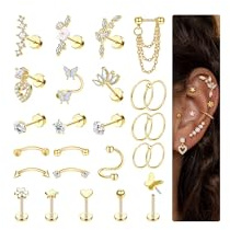 ADRAMATA 26Pcs Helix Piercing Jewellery Stainless Steel Tragus Earrings Set Flat Back Earrings Stud Conch Helix Hoop Cartilage Earrings Gold Silver Rook Daith Tragus Piercing Jewellery
