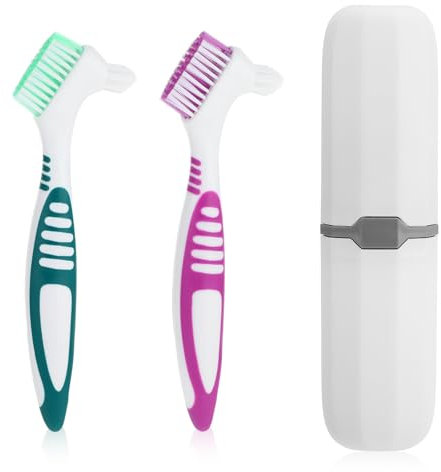 Lot de 2 brosses Vert et violet - Poils multicouches - Poignée ergonomique en caoutchouc - Avec étui blanc - Pour l'entretien des prothèses dentaires