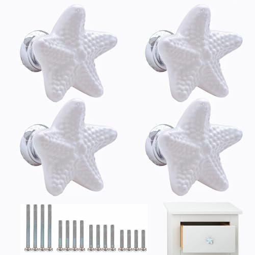 4 Pomoli in ceramica a forma di stella marina per armadietti, pomelli per mobili per bambini, pomelli per armadio, maniglie per mobili, Pomelli Cucina con 4 Dimensioni Vite (Bianco)