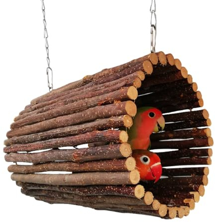 Wood Bird Swing Tunnel, Natural Chew Toy Wooden Hammock Perch & Hanging Nest with Hook for Parrots, Budgies, Cockatiels, Small Animals