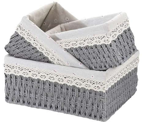 KiKiHong Set di 3 cestini intrecciati per giocattoli, trucco e articoli per la casa, cestini decorativi per scaffali, camerette e bagni (grigio)