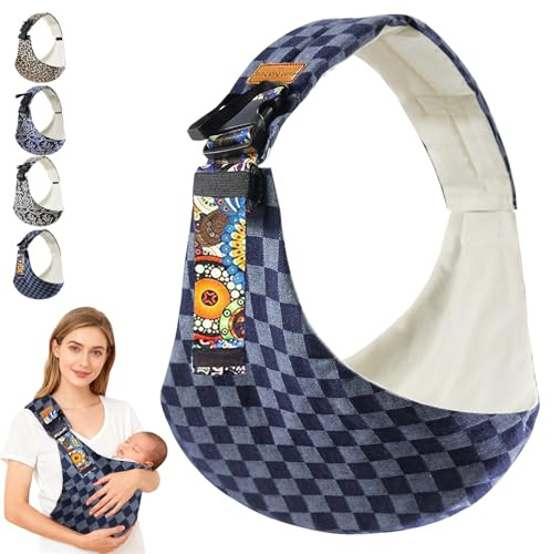 AUNGCSHE Porte Bebe Hanche, Réglable Porte Bebe Physiologique, Echarpe de Portage Bebe Respirant et Antidérapant pour Enfants de 0 à 36 Mois et Tout Petits Jusqu'à 25Kg (Carreaux Bleus)