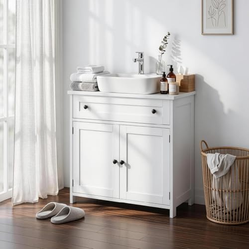 Bonnlo White Under Sink Bathroom Cabinet - 60cm Bathroom Sink Cabinet with Drawer & 2 Doors, Under Sink Storage Unit for Bathroom