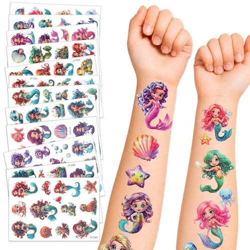 Sjöjungfru glittertatuering barn, 12 ark glittertatueringar barnset, 200+ stilar barntatueringar för flickor och pojkar, tatueringar glitter lycka spel för födelsedag, barns födelsedag, festdekoration