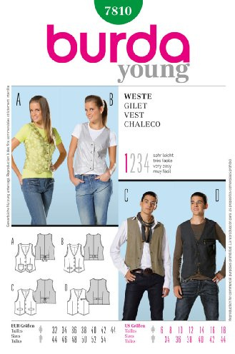 Burda Young Schnittmuster #7810 Damen & Herren Weste Gr. D 32-44/ H 44-54, Näh-Level 1 super easy