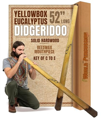 Eucalyptus Yellowbox Didgeridoo with Bark Bell, Beeswax Mouthpiece - 52 Long, Handcrafted, Natural Finish, Key of C to E by World Percussion USA