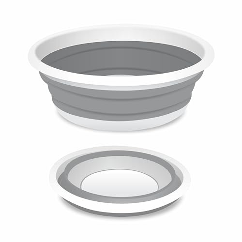 Collapsible 5L Medium Round Washing Up Bowl Basin Multipurpose Outdoor Travel Basin Folding Portable Silicone Bowl Tub for Kitchen Camping Caravans Water Carrier (Grey)
