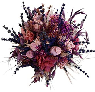 Genérico Ramo Novia Silvestre con Lavanda, Papillote Rosa, Flor Seca y preservada, Wedding, Flores Rosas y Lilas, Tallo Corto. Color Alegre, Aire Boho