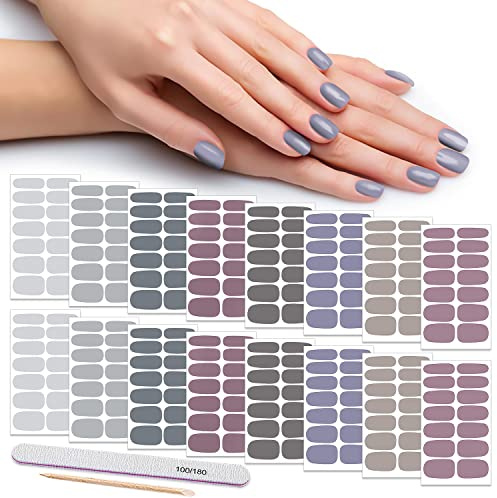 DANNEASY 16 Sheets Nail Wraps for Women Nail Polish Strips Solid Color Self Adhesive Nail Polish Stickers Stick On Nails Nail Art Accessories with 1pc Nail File, Cuticle Stick (Gray)