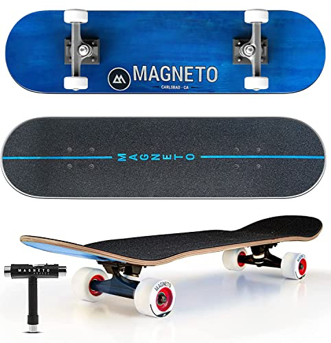 Magneto Complete Cruiser Skateboard - All-Terrain Longboard Cruising - Fully Assembled Cruiser Board with Skateboard Trucks - Includes Skate Tool - 31 x 8.5 in, Canadian Maple, Blue