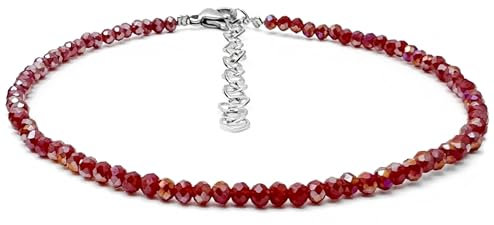 Dark Red Anklet with Faceted 3mm Beads and Heart Extension Chain, Adjustable Size : 9.5-11.5 inches, Ankle Jewellery Gift for Women