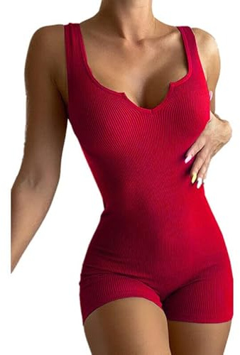 Boolavard Womens Sexy Ribbed Sleeveless Bodysuit Stretch Leotard Shorts Romper Jumpsuit (L, Red)