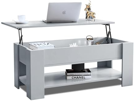 Blisswood Coffee Table With Storage, Lift Up Coffee Table For Living Room, Wooden Coffee Tables With 1 Shelf Large Hidden Storage Lift-Top Sofa End Tea Table, Grey, 100L x 50W x 42-57H cm