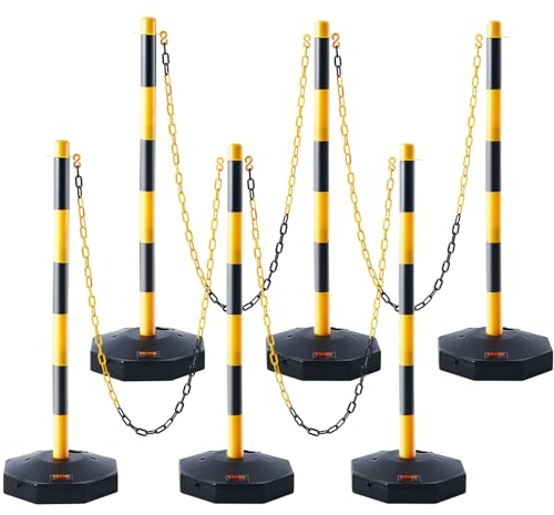 VEVOR Poteau de Signalisation 6PCs Poteau de Délimitation sur Socle Remplissable Hauteur Réglable Cône de Signalisation Longue Chaine 2,4 m pour Contrôle de Circulation Chantier Parking Jaune et Noir