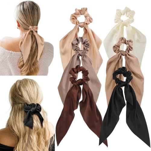 6 PCS Bow Silk Scrunchies, Hair Ties with Bows, Hair Scrunchies for Women Girls, Knotted Bows Silk Hair Ties, Satin Hair Ribbon Elastic Hair Tie