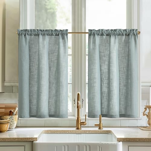 Vangao Skivgardin linne bistrogardin kök enfärgad moderna gardiner halvtransparenta par halsdukar köksgardiner med veckband för vardagsrum lantställe små fönster set om 2 65 x 60 cm oliv