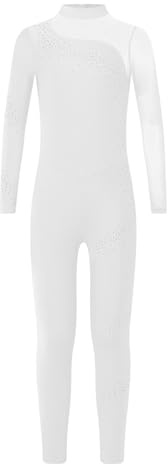Vxuxlje Gymnastikanzug Mädchen Langarm Ganzkörper Glitzer Turnanzug Patchwork Ballett Strass Trikotanzug Tanzbody Voltigieranzug Akrobatik Anzug Weiß 134-140