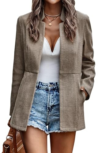 Jhsnjnr Womens Fashion Open Front Long Coats Casual Stand Collar Long Sleeve Office Wear Tweed Blazer Jackets Khaki