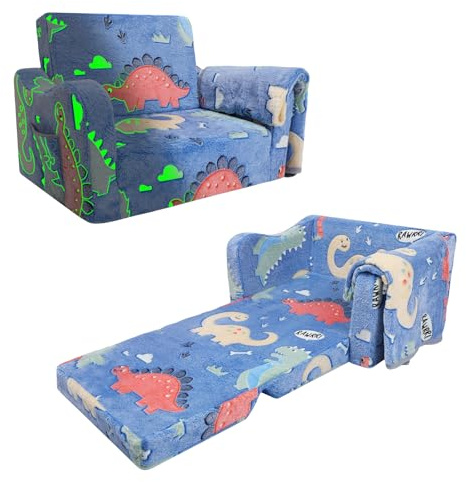 decalsweet Sofás Plegables para Niños Sillón 2 en 1 con Mantas, Sillón Infantil Cómoda Estable Que Brilla en la Oscuridad, Sofá Cama Asiento para Bebé y Niños para Dormitorio Salón,Dinosaurios