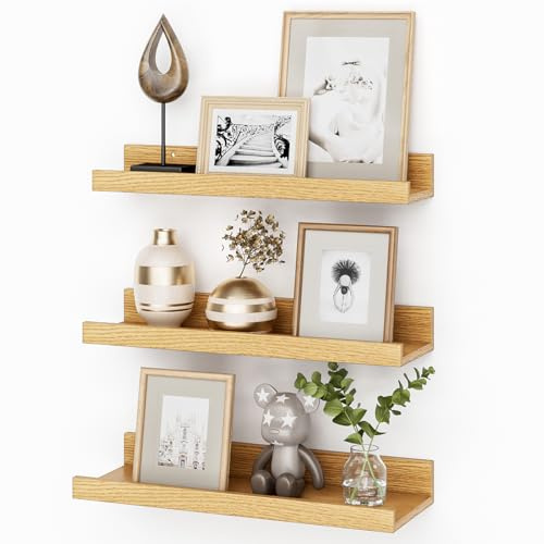 Floating Shelves Set of 3, 40 cm Oak Floating Shelves Wood Wall Mounted Shelf Picture Ledge Shelf Kids Bookshelf for Living Room Kitchen Bedroom Bathroom Photo Display Home Organization & Wall Decor